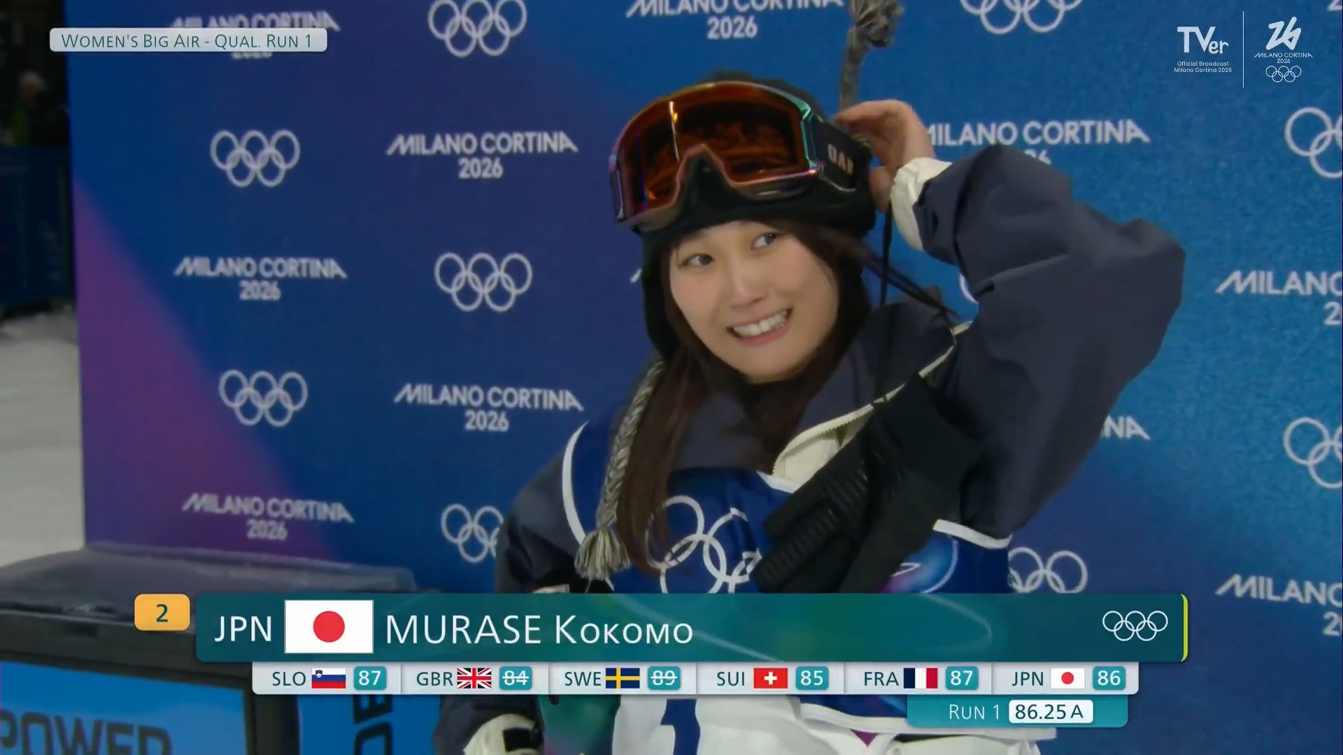 村瀬心椛 笑顔のサムアップ！スノーボード女子ビッグエア 予選1本目